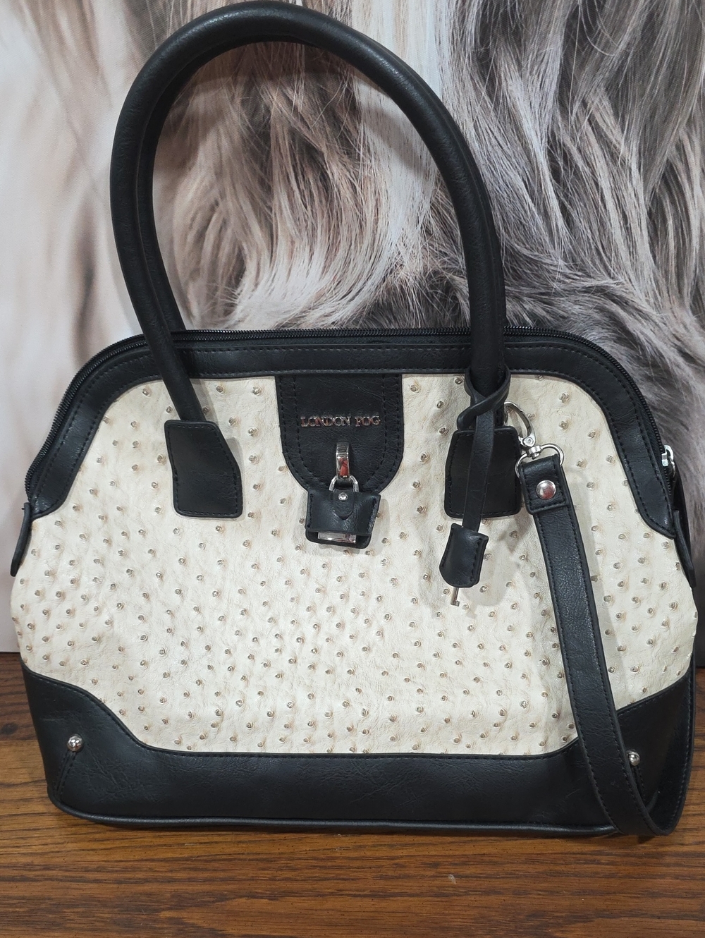 London Fog Black and Cream Faux-Ostrich Satchel with Detachable Strap